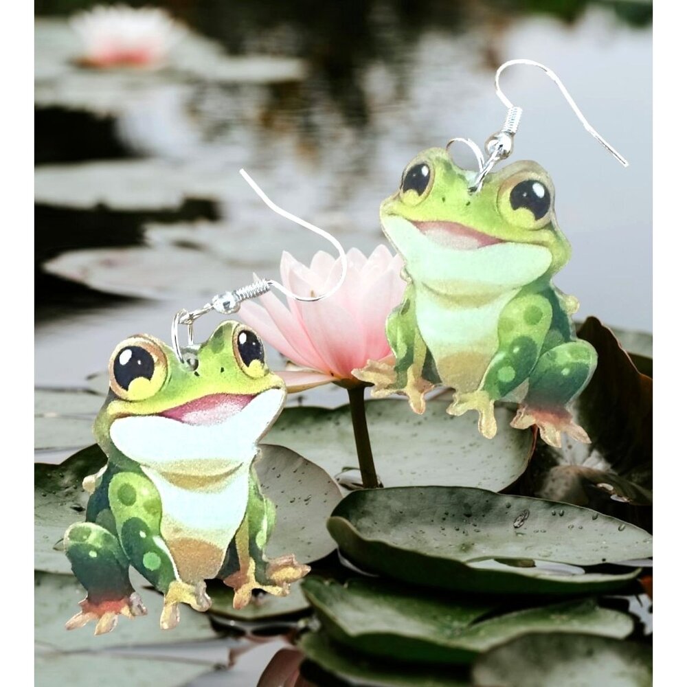Frog Earrings New Dangle Hooks Green Double Sided Horny Toad Jeremiah Bu…